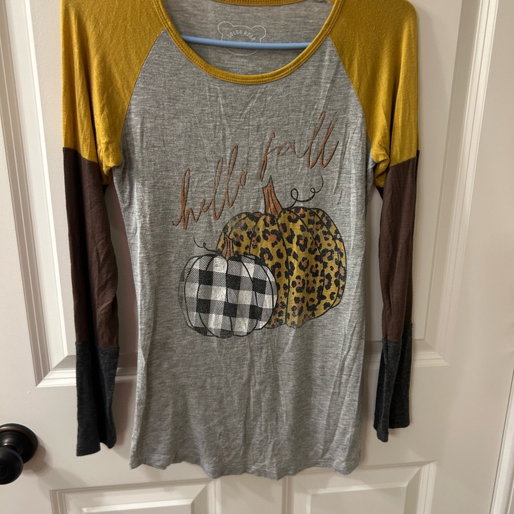 Woman’s Fall Pumpkins Raglan Tee - Mustard, Gray, Brown Size Small